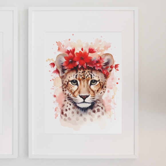 Watercolor Leopard With Flowers Portrait Wall Art Illustration Print Unframed - Picture 3 of 6